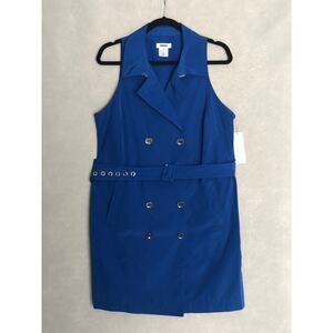 DKNY Tech Tafetta Sheath Dress Belted Sleeveless Mini Blue Women's 14P NEW